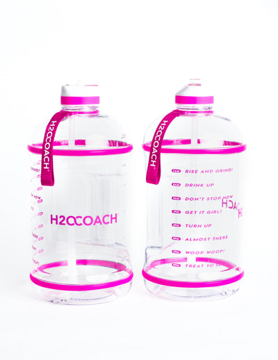 H2OCOACH - Boss Water Bottle - 1 Gallon - Treat Yo Self! - Straw - 128 oz - Two Lids - Transparent w. Pink