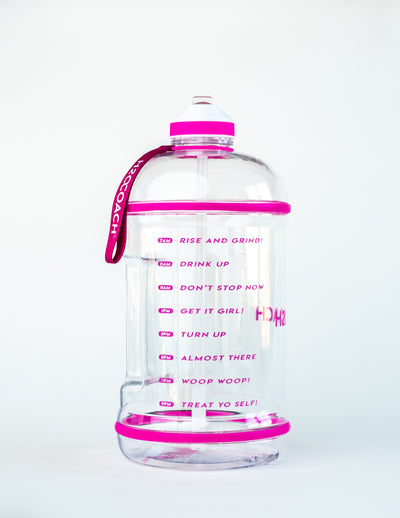 H2OCOACH - Boss Water Bottle - 1 Gallon - Treat Yo Self! - Straw - 128 oz - Two Lids - Transparent w. Pink