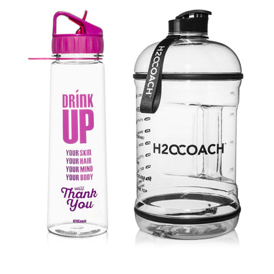 H2OCOACH - Drink Up 30 oz  Clear/Pink  and Transparent w. Black 1 Gallon Set - 2 Quantity