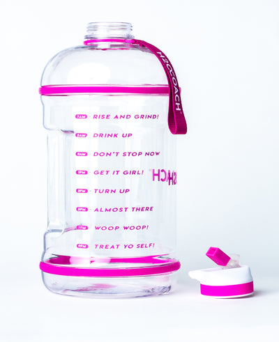 H2OCOACH - Boss Water Bottle - 1 Gallon - Treat Yo Self! - Straw - 128 oz - Two Lids - Transparent w. Pink