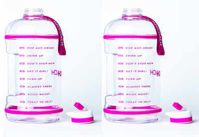 H2OCOACH - Boss Water Bottle - 1 Gallon - Treat Yo Self! - Straw - 128 oz - Two Lids - Transparent w. Pink